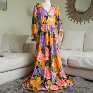 Vintage Julie Miller 1970s Colorful Floral Mustard Colored Maxi Dress